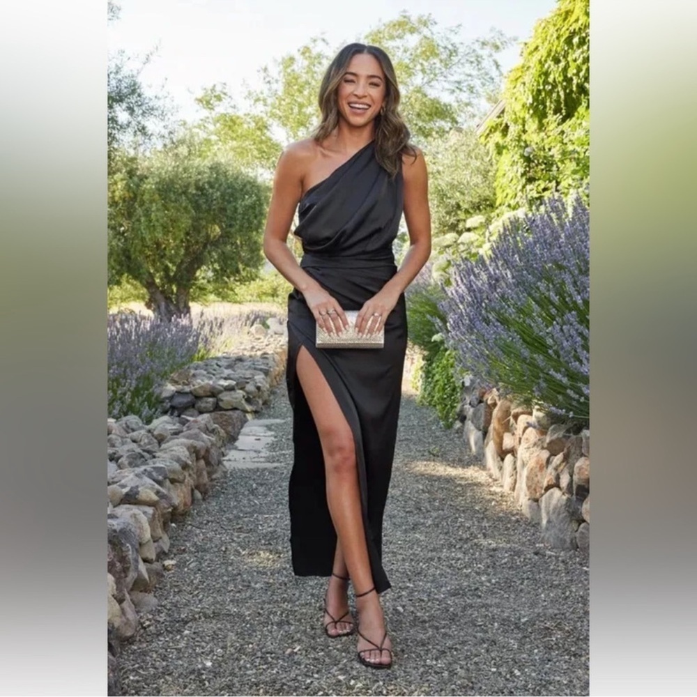 PETAL & PUP  NADIA One-Shoulder Satin Maxi Dress Black 8 NWOT